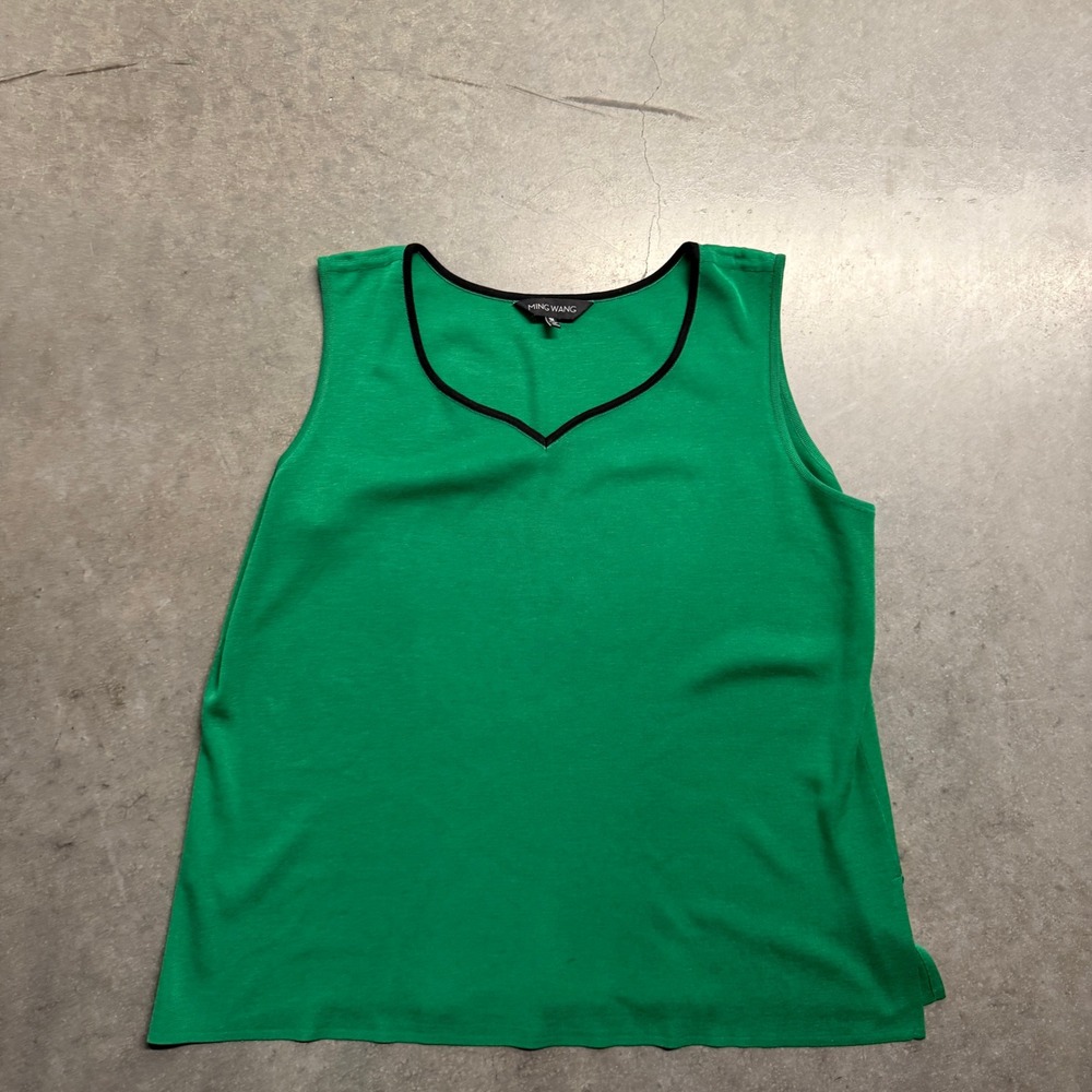 Ming Wang Green V-Neck Knit Tank Top Shell Black Trim Plus Size 1X 3788